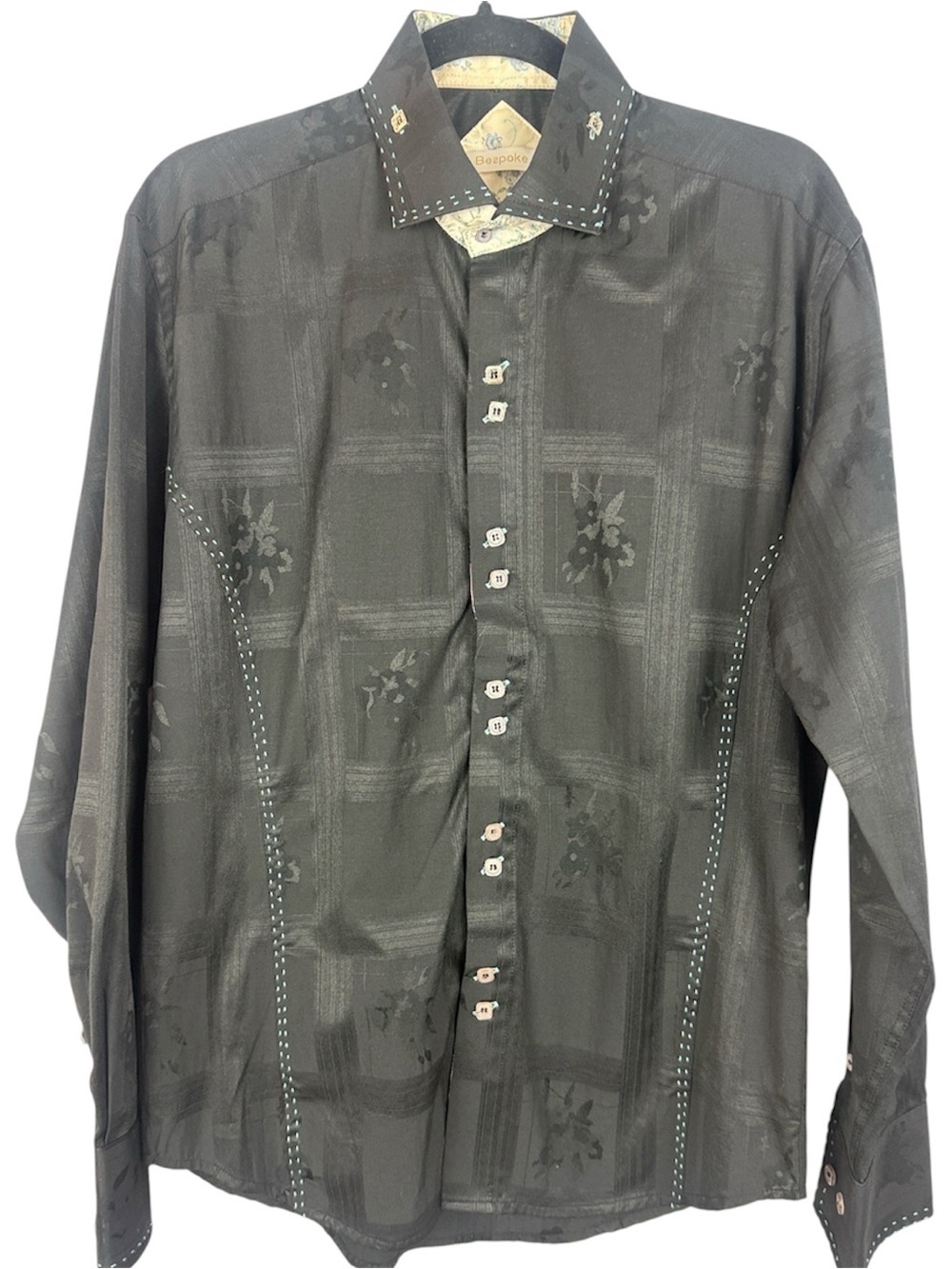 Bespoke Men's Black Jacquard Floral Plaid Button Down Shirt Med Contrast Stitch